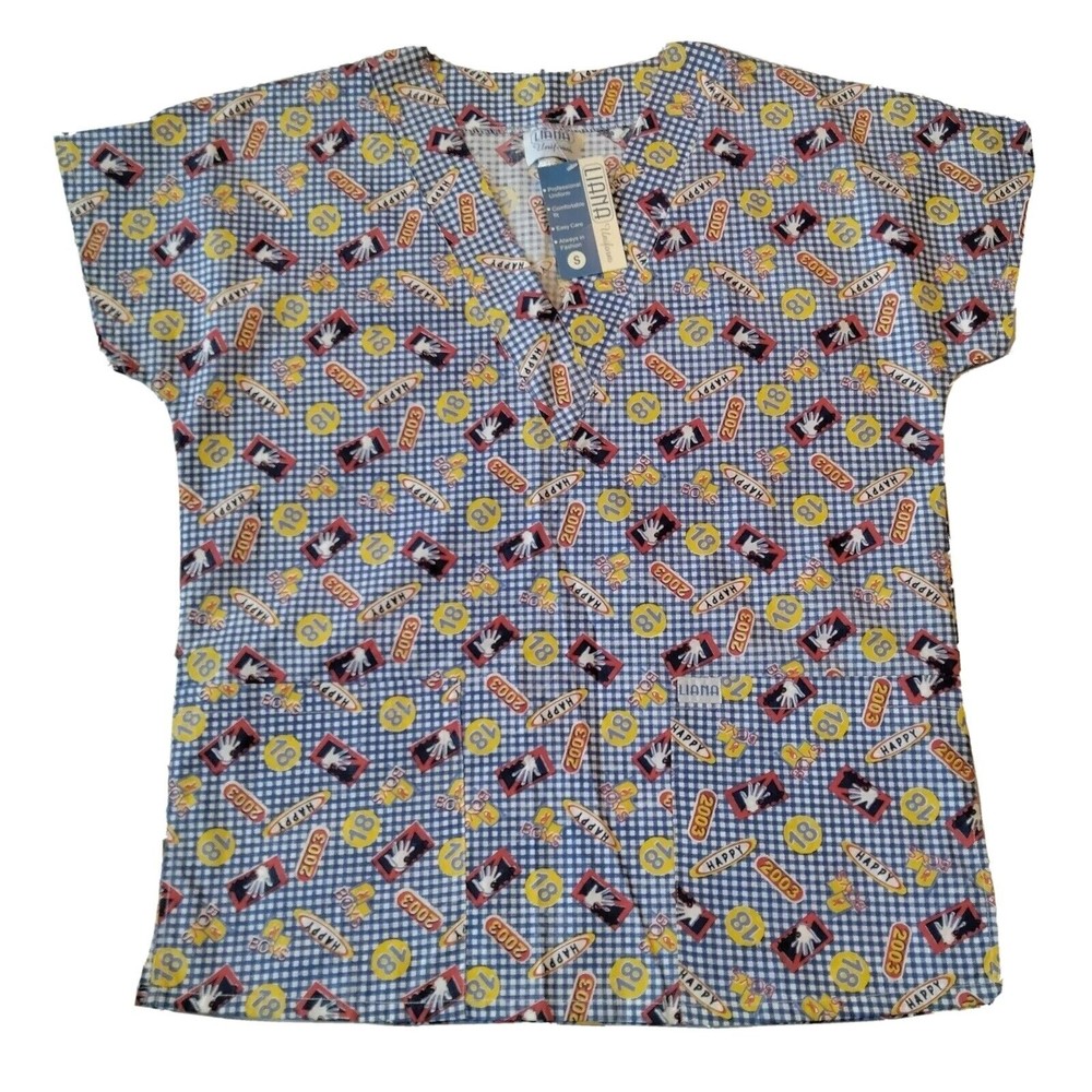 Liana Printed Scrub Top S Blue White Gingham V Neck Fun Kids Peace Uniform New